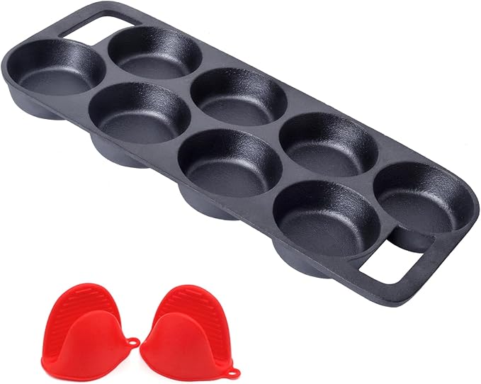 YOLOPLUS+ Pre-seasoned Cast Iron Muffin Pan with Heat Resistant Gloves，16 Inch 8 Cups Biscuit Pan with Handle for Biscuits, Cupcake,Muffins, and Scones
