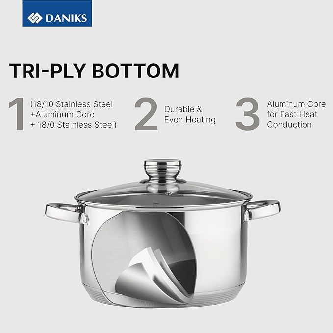 Daniks Standard 3 Quart Stainless Steel Stock Pot with Glass Lid, Tri-Ply Bottom for Even Heating, Induction Compatible, Dishwasher Safe, Built-In Measuring Scale, Silver