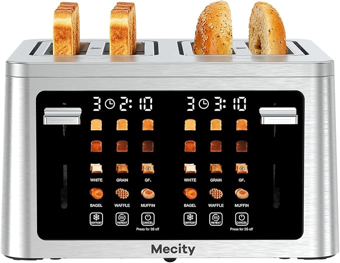 Mecity 4 Slice Touchscreen Toaster, 6 Bread Modes & 6 Browning Levels, Dual Touch Control Wide Slot Stainless Steel Electric Toaster with Memory, Defrost, 3-Min Auto Shutoff for White, Bagels, Waffles