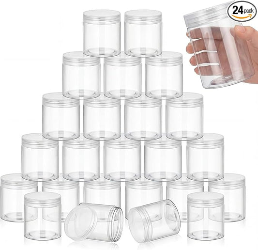SATINIOR 24 Pieces Empty Clear Plastic Jars with Lids Round Storage Containers Wide Mouth for Beauty Product Cosmetic Cream Lotion Liquid Butter Craft and Food (Clear Lid,16 oz)