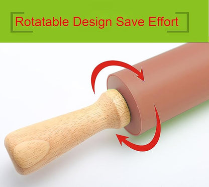Silicone Rolling Pin, Orange 9 Inch Pin with Wooden Rotatable Handle for Dough of Baking Bread, Cookie, Pizza (orange, 9 inch)
