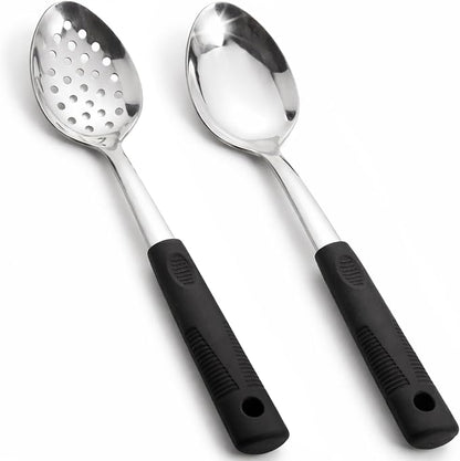 Metal Serving Spoons Set, Large Serving Spoons with Silicone Handles, Stainless Steel Serving Spoon, Slotted Spoon & Soup Ladle Set for Buffet and Home Kitchen (Black)