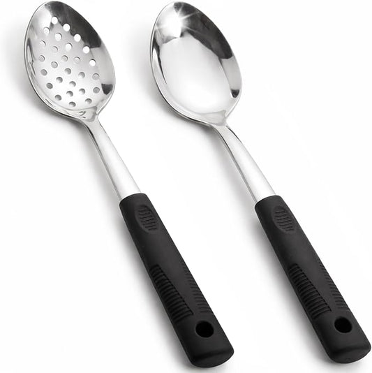 Metal Serving Spoons Set, Large Serving Spoons with Silicone Handles, Stainless Steel Serving Spoon, Slotted Spoon & Soup Ladle Set for Buffet and Home Kitchen (Black)