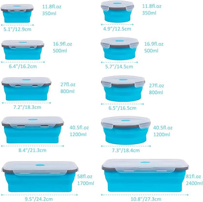 Collapsible Food Storage Containers with Lids 10 Pack(81oz/58oz Extra Large Included), 6 Rectangular+4 Round, Annaklin Silicone Collapsible Food Containers Sets Microwave Freezer Dishwasher Safe, Blue