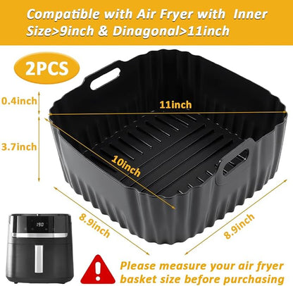 BYKITCHEN Large Air Fryer Silicone Liners Compatible with CHEFMAN 8QT/ 10 QT/ 12 QT & Other 8-12 Quart XL Airfryer, 2PCS 10 Inch Reusable Silicone Airfryer Oven Tray Insert, Air Fryer Accessories
