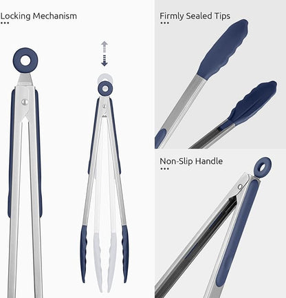 Heat Resistant Silicone Kitchen Tong: U-Taste 12 inch Large 480ºF Hot Proof Cooking Tong with Sturdy Non Stick Rubber Tips & Silicon Coated Steel Handle & Smooth Locking for Serving (Midnight Blue)