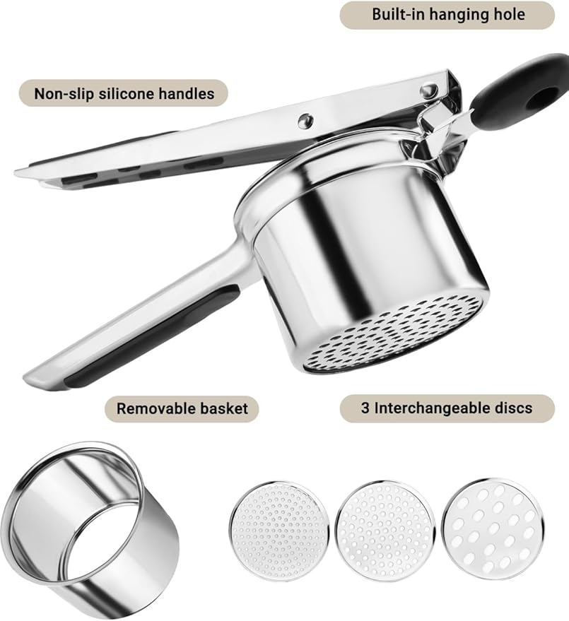 Potato Ricer, Heavy Duty Stainless Steel Potato Masher and Ricer for Mashed Potatoes, Kitchen Gadget for Mashed Potatoes with 3 Interchangeable Discs