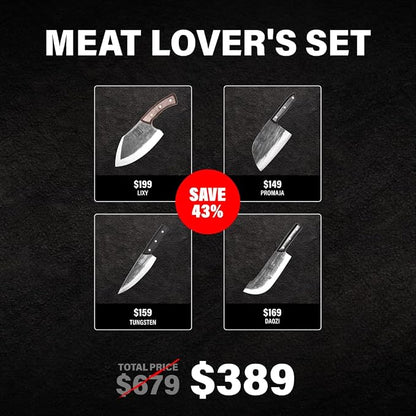 COOLINA Meat Lover 4-Knife Set, Hand-Forged High-Carbon Steel Kitchen Knives for Butchering, Slicing & Carving, Includes Promaja Cleaver, Lixy, Daozi & Altomino Tungsten Knife, Wood Handle
