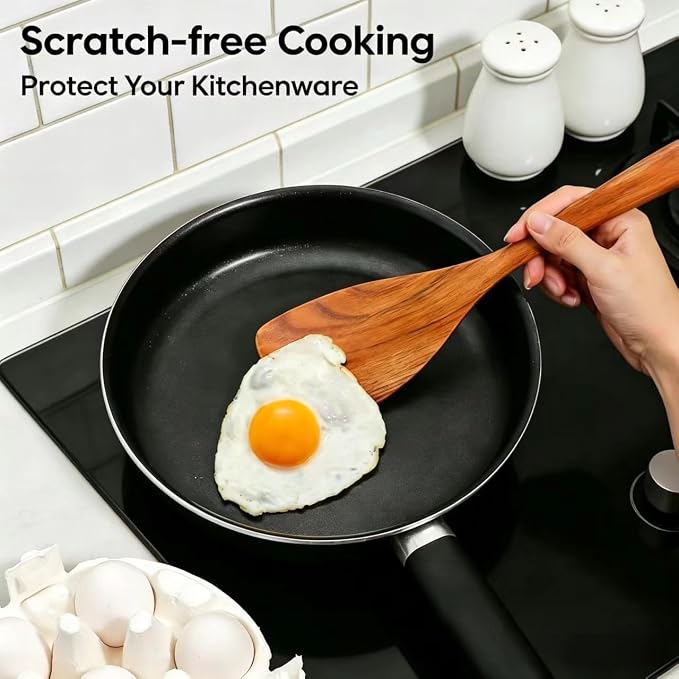 Wooden Cooking Utensils Set with Holder, 8 Pcs Teak Wood Kitchen Utensils for Nonstick Cookware, Wooden Spoons and Spatulas for Cooking, Farmhouse Kitchen Accessories
