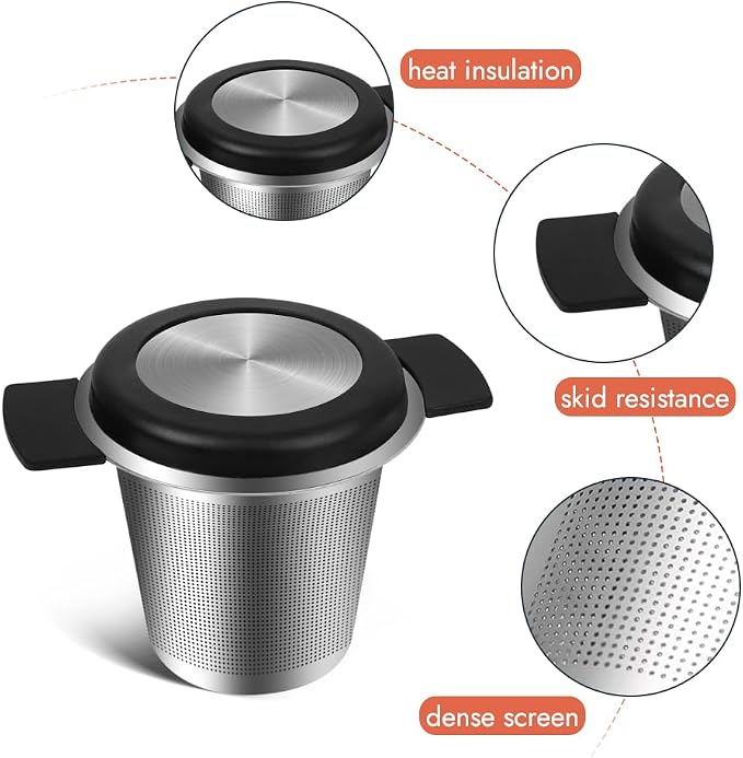 Stainless steel tea infuser with features highlighted on a white background