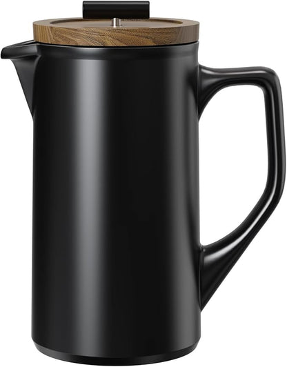 Ceramic French Press Coffee Maker, 22oz Single Serve Coffee Press with Walnut Wood Lid, Lead-Free, Food Grade Stainless Steel Filter with Dual Screen for Coffee and Loose Tea, Black