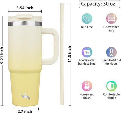 Konokyo 30 oz Tumbler with Handle and 2 Straws,2 in 1 Lid Insulated Water Bottle Stainless Steel Travel Coffee Mug,Lemon