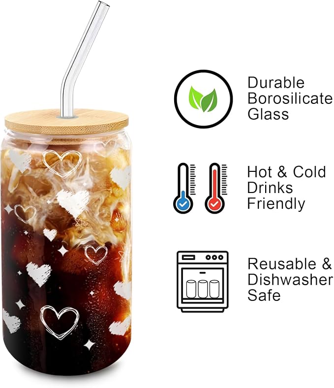 Glass Cup with Lid and Straw, 16 oz Cute Iced Coffee Cup with Heart Design, Bamboo Lid, Glass Straw and Brush for Desk, Dorm, Girlfriend or Best Friend