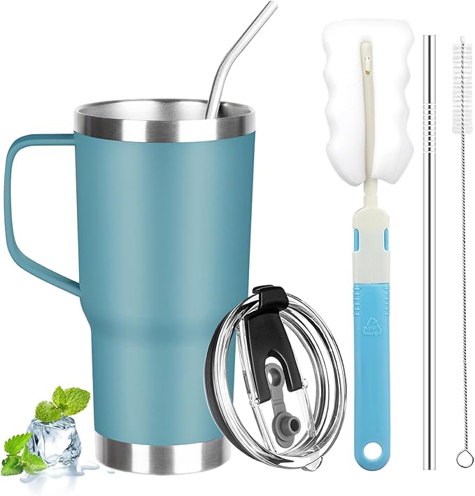20 oz Tumbler with Handle, Stainless Steel Insulated Tumbler with Lid and Straw, Double Wall Vacuum Coffee Mug Tumbler, Insulated Coffee Thermal Cup for Cold and Hot (Maya Blue)
