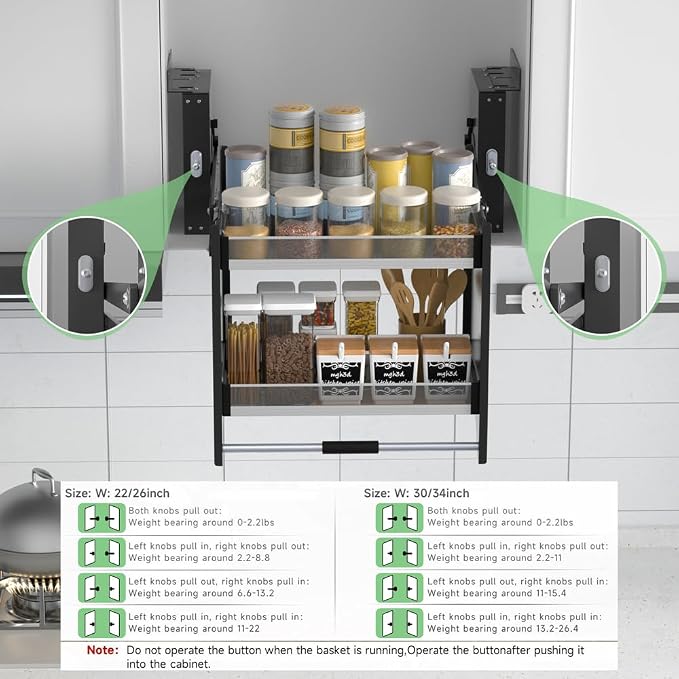 Pull Down Shelf, Kitchen Wall Cabinet Upper Storage Organizer, 2 Tier Kitchen Shelf Spice Rack, 22-24 Inch Width, White