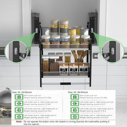 Pull Down Shelf, Kitchen Wall Cabinet Upper Storage Organizer, 2 Tier Kitchen Shelf Spice Rack, 22-24 Inch Width, Black