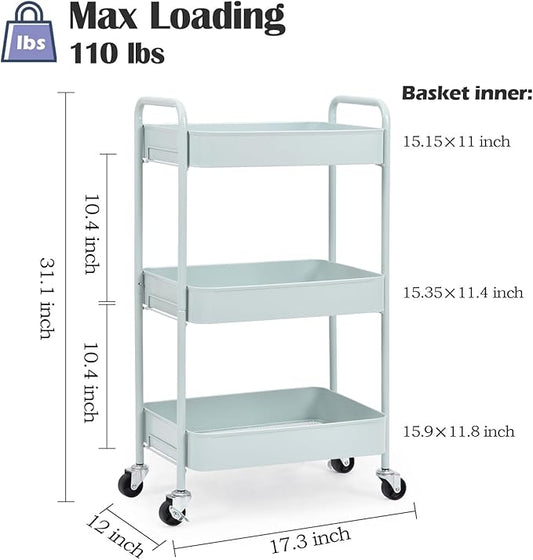 TOOLF 3-Tier Rolling Cart - Metal Utility Storage Organizer with Lockable Wheels, 33 lbs Per Shelf, Tool-Free 5-Min Assembly, for Kitchen Bathroom Office Nursery Craft Room, Green