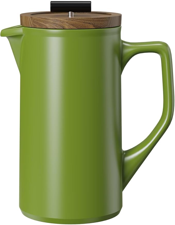 Ceramic French Press Coffee Maker, 22oz Single Serve Coffee Press with Walnut Wood Lid, Lead-Free, Food Grade Stainless Steel Filter with Dual Screen for Coffee and Loose Tea, Green