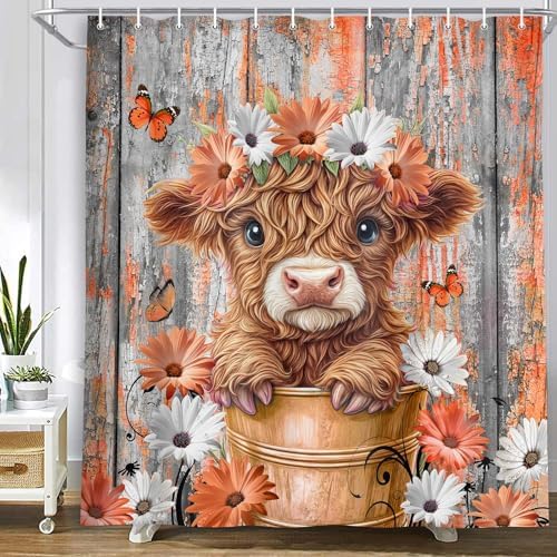 Rustic Wood Farmhouse Floral Shower Curtain for Bathroom, Western Funny Highland Cow Bull Floral Butterfly Country Flower Plant Art Printed Fabric Polyester Waterproof 12 Pack Plastic Hooks 70X75in
