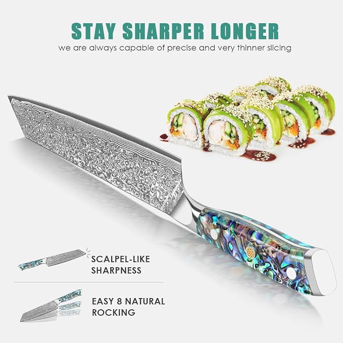 KEENZO Damascus Kiritsuke Knife 8 inch, Professional Chef Knife, Sharp Hand-Forged Kitchen Knives,Japanese 67-Layers Damascus Steel Cooking Knife,Ergonomic Abalone Shell Ressin Handle with Gift Box