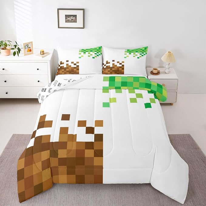 Manfei Pixelated Comforter Set Queen Size,Cartoon Gamepad Duvet Insert Adults Bedroom Decor,Miner Style Bedding Set,Brown Green Ultra Soft Microfiber Inner Fill 3Pcs Bedding