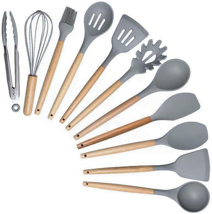19 Pieces Kitchen Cooking Utensils and Knife Set with Holder Block, Include 11 Pcs Silicone Cooking Utensils 5 Pcs Sharp Stainless Steel Knives Scissors Whisk Tongs and Cutting Board (GREY)
