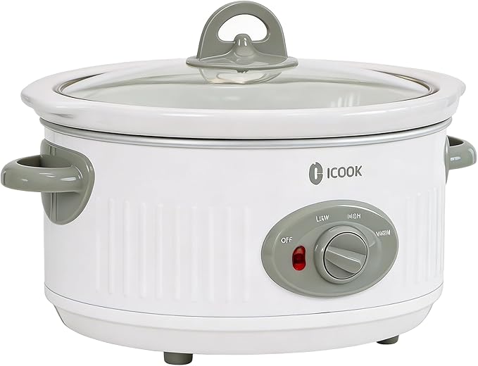 4.0 Quart Slow Cooker with Ceramic Nonstick Coating, 3 Heat Settings, Cool Touch Handles, Safe Tempered Glass Lid, Dishwasher Safe for Easy Cleanup, Ivory White