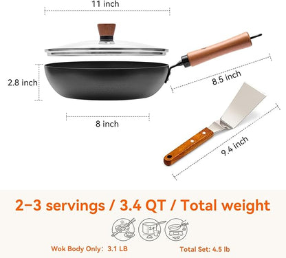 WANGYUANJI 11" Iron Skillet with Glass Lid & Griddle Spatula, Flat-Bottom Frying Pan, Uncoated & Unseasoned, Induction/Gas/Electric Compatible, Wooden Handle (Seasoning Required)