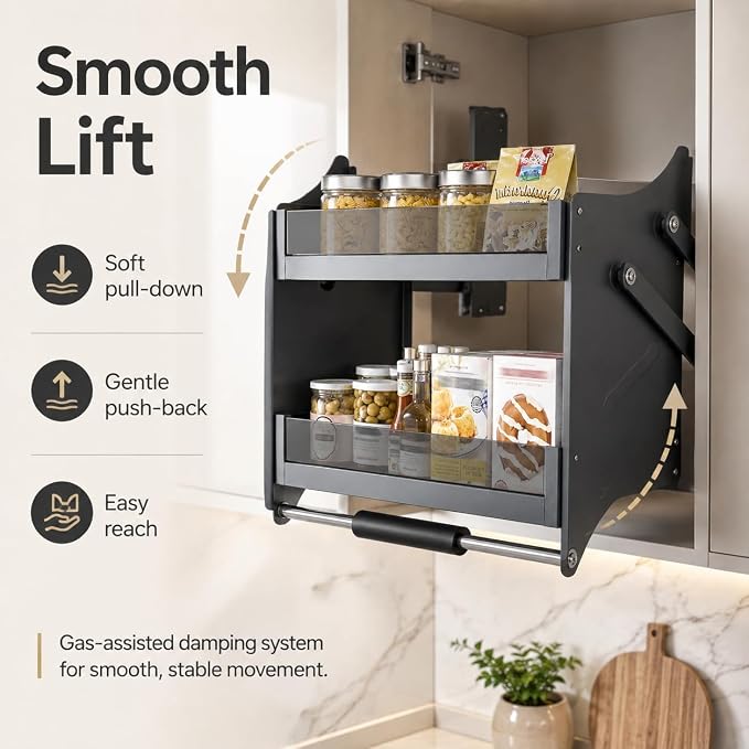 Pull Down Cabinet Shelf 2 Tier Pull-Out Cabinet Organizer Adjustable Bearing Kitchen Cabinet Organizer Shelves with Double-Lever, Drop Down Shelf Organizer Spice Rack System for Dish Rack