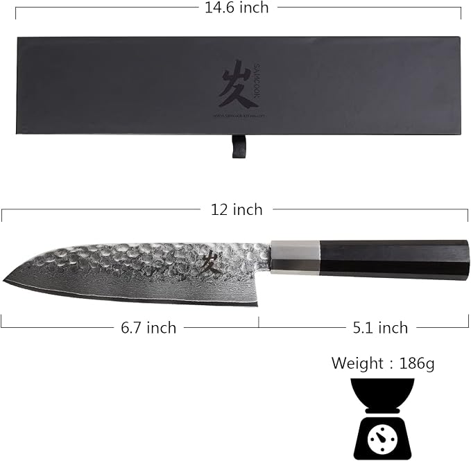 SAMCOOK Santoku Chef Knife - 7 Inch Professional Japanese Knife - VG10 Damascus High Carbon Stainless Steel Hammered Damascus Kitchen Knife - Ergonomic Octagonal Ebony Handle with Gift Box