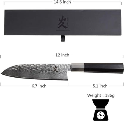 SAMCOOK Santoku Chef Knife - 7 Inch Professional Japanese Knife - VG10 Damascus High Carbon Stainless Steel Hammered Damascus Kitchen Knife - Ergonomic Octagonal Ebony Handle with Gift Box