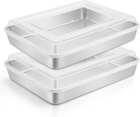 Leonyo Baking Pan with Lid Set of 2, 12⅓ x 9¾ x 2 Inch Stainless Steel Cake Pan for Baking, Refrige & Oven Safe Rectangular Deep Lasagna Pan Tray for Focaccia, Bread, Brownies, Casseroles