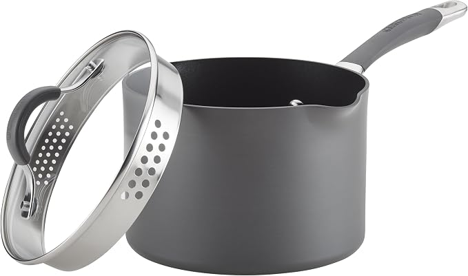 Circulon Radiance Hard-Anodized Nonstick Saucepan, Durable Nonstick Cookware, Sauce Pan with Straining Lid, 3-Quart, Gray