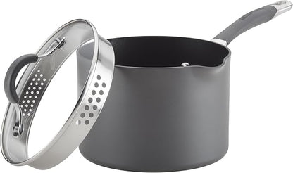 Circulon Radiance Hard-Anodized Nonstick Saucepan, Durable Nonstick Cookware, Sauce Pan with Straining Lid, 3-Quart, Gray