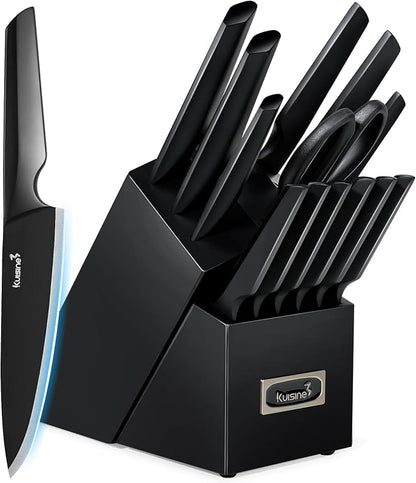 Kuisine Black Knife Set, 15-Piece High Carbon Stainless Steel Ultra Sharp Knife Block Set, Ergonomic Handle with Sharpener for Kitchen(15 PCS Black EX)