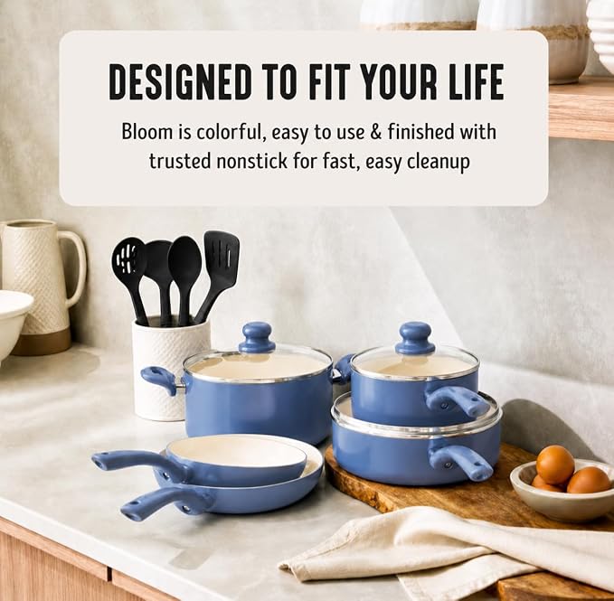 GreenLife 16-Piece Nonstick Cookware Set, Non-Toxic Ceramic Pots and Pans Set, Durable Healthy Kitchen Essentials, Fast Heating, Induction Ready, Easy Clean Dishwasher Safe, PFAS-Free, Slate Blue