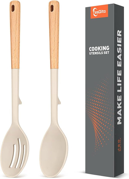 Large Silicone Slotted Spoon&Spoon with Wooden Handle for Nonstick Cookware,Kitchen Cooking Spoons for Mixing,Serving& Stirring,Heat-Resistant Utensils Spoon Set of 2,BPA Free (Khaki)