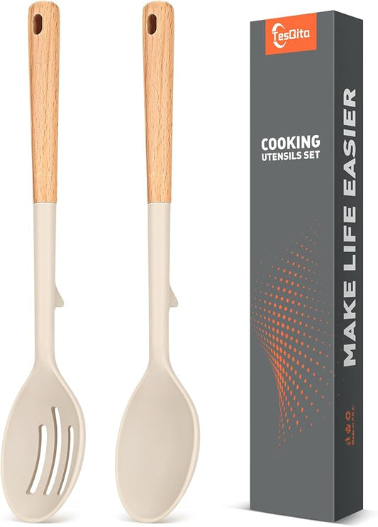 Large Silicone Slotted Spoon&Spoon with Wooden Handle for Nonstick Cookware,Kitchen Cooking Spoons for Mixing,Serving& Stirring,Heat-Resistant Utensils Spoon Set of 2,BPA Free (Khaki)