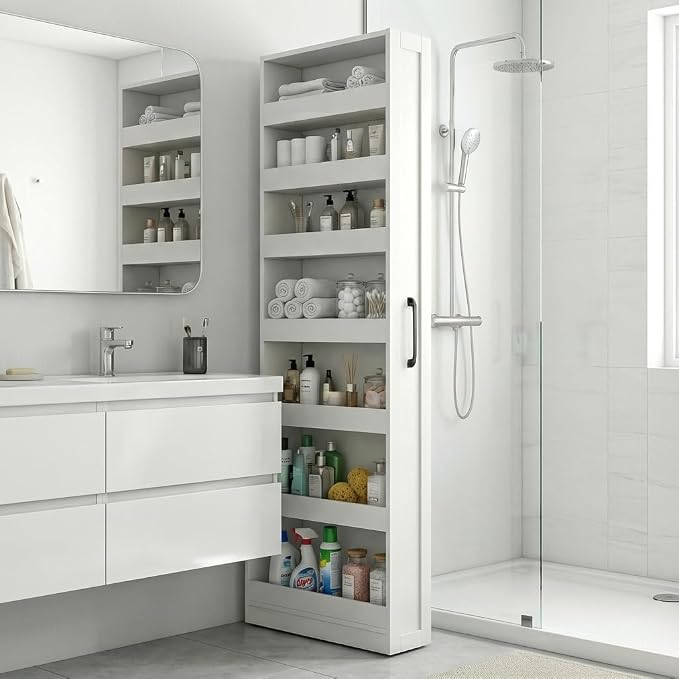 Slim Rolling Storage Cart, 7-Tier Pull-Out Spice Rack with Handle & Wheels, Narrow Kitchen Organizer for Next to Fridge, Pantry, Laundry Room, 7.87 Inch Wide Space Saver (White, Hidden Wheels)
