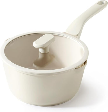 PRICUSIS Ceramic Nonstick Saucepan with Lid, 3 Quart Non Toxic Pot with Pour Spouts, Full Coated, 100% Dishwasher Safe, Induction Compatible, PTFE PFAS & PFOA Free, Coconut White