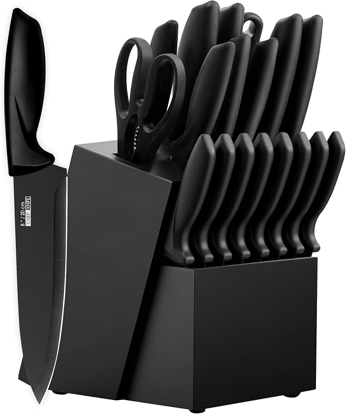 Knife Set, KroWallu 20 Pieces Knife Sets for Kitchen with Block, Dishwasher Safe Kitchen Knife Set with Built-in Sharpener, German Stainless Steel Black Knife Block Set