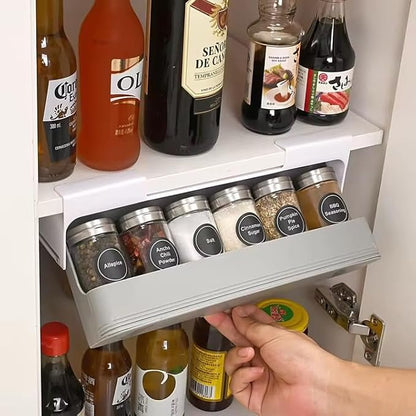 SpiceSpace Organizer Set – Under-Shelf Mounted Rack with 6 Glass Spice Jars & 18 Preprinted Labels – Minimalist Space-Saving Spice Rack for Pantry, Cabinet, or Kitchen Shelf