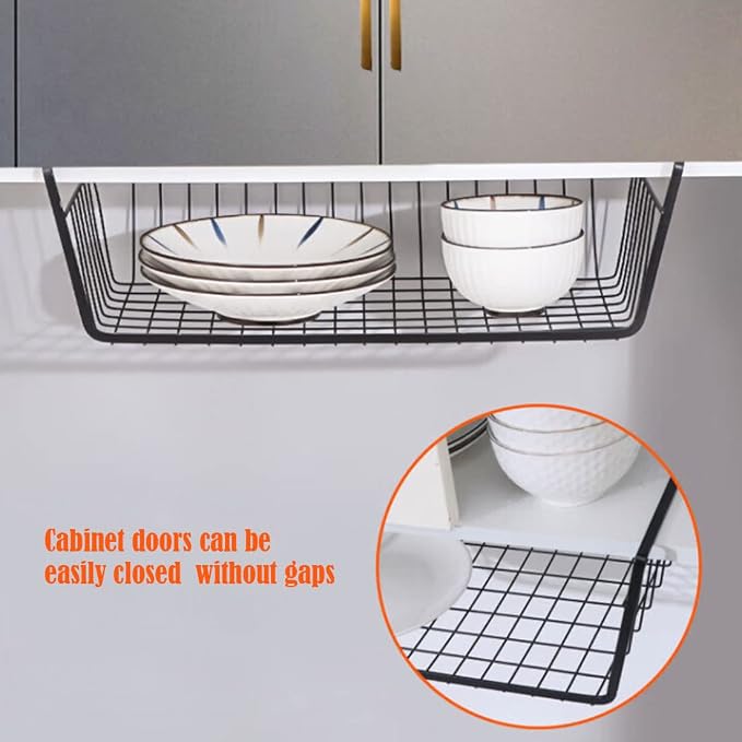 Under Shelf Storage Basket, Hanging Shelf Basket Slides Under Shelves for Storage Metal Under Cabinet Shelf Basket Organizer for Kitchen Pantry Desk Bookshelf (Black Pack of 4)