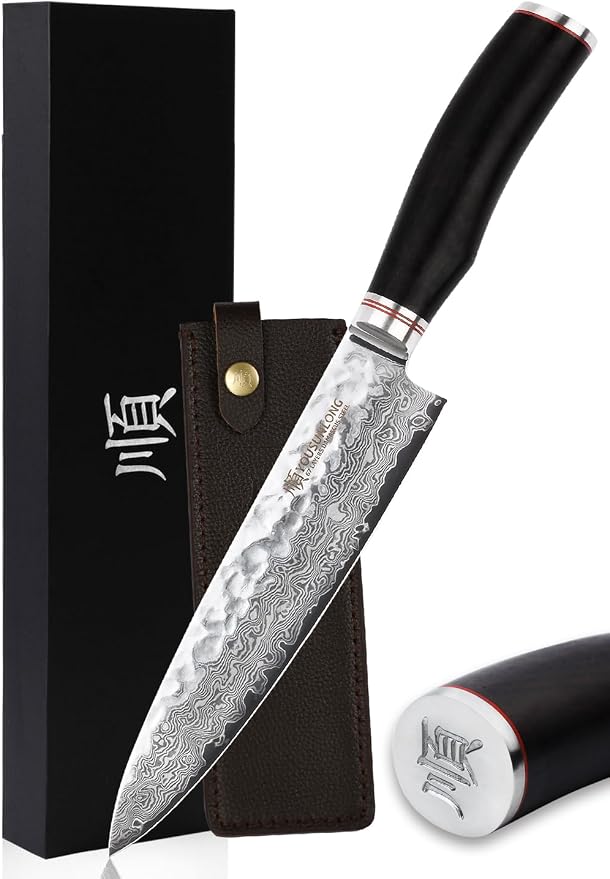 YOUSUNLONG Chef's Knife - 8 Inch Gyuto Kitchen knives - Razor Sharp Knife - Japanes Hammered Damascus Steel - Natural Ebony Handle with Leather Sheath