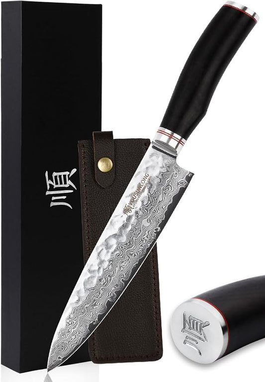 YOUSUNLONG Chef's Knife - 8 Inch Gyuto Kitchen knives - Razor Sharp Knife - Japanes Hammered Damascus Steel - Natural Ebony Handle with Leather Sheath
