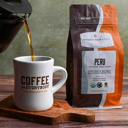 Fresh Roasted Coffee, Organic Peru Whole Bean Coffee, Medium Roast, USDA Organic, 3rd Party Tested for Mold, Mycotoxin & Pesticides, Kosher, 12 oz