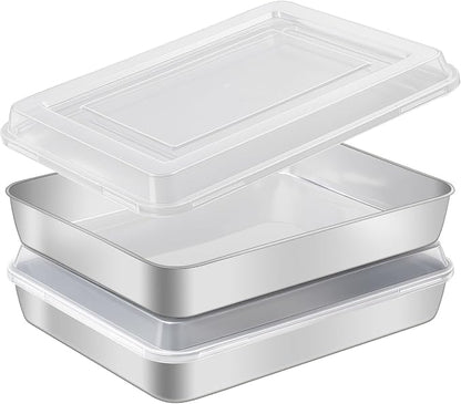 Stainless Steel Baking Pan with Lid, 2-Pack Rectangular Cake Pan Set, Non-Toxic & Heavy Duty Metal Bakeware for Brownie, Lasagna, Casserole, Roasting, Dishwasher Safe