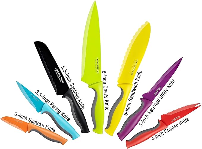 Cook N Home Basics Cutlery Kitchen Knife Set, Coated Carbon Stainless Steel Knife Set with Sheaths, Non-stick Sharp Blades, Multicolor, 14-Piece with Ergonomic Handles