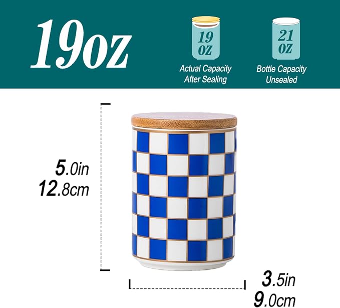 Kitchen Countertop Ceramic Checkered Canisters,Black And White Food Storage Containers With Lid,Airtight Kitchen Canisters for Flour, Sugar, Coffee, Tea, and Dry Goods (Blue, Small)