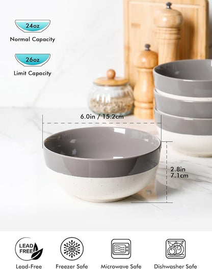 AISBUGUR Cereal Bowls Set of 4, 26oz Large Soup Bowls for Kitchen, Ceramic Bowls for Oatmeal, Salad, Pasta, Soup, Dessert, Serving Bowls Dishwasher & Microwave Safe, Grey